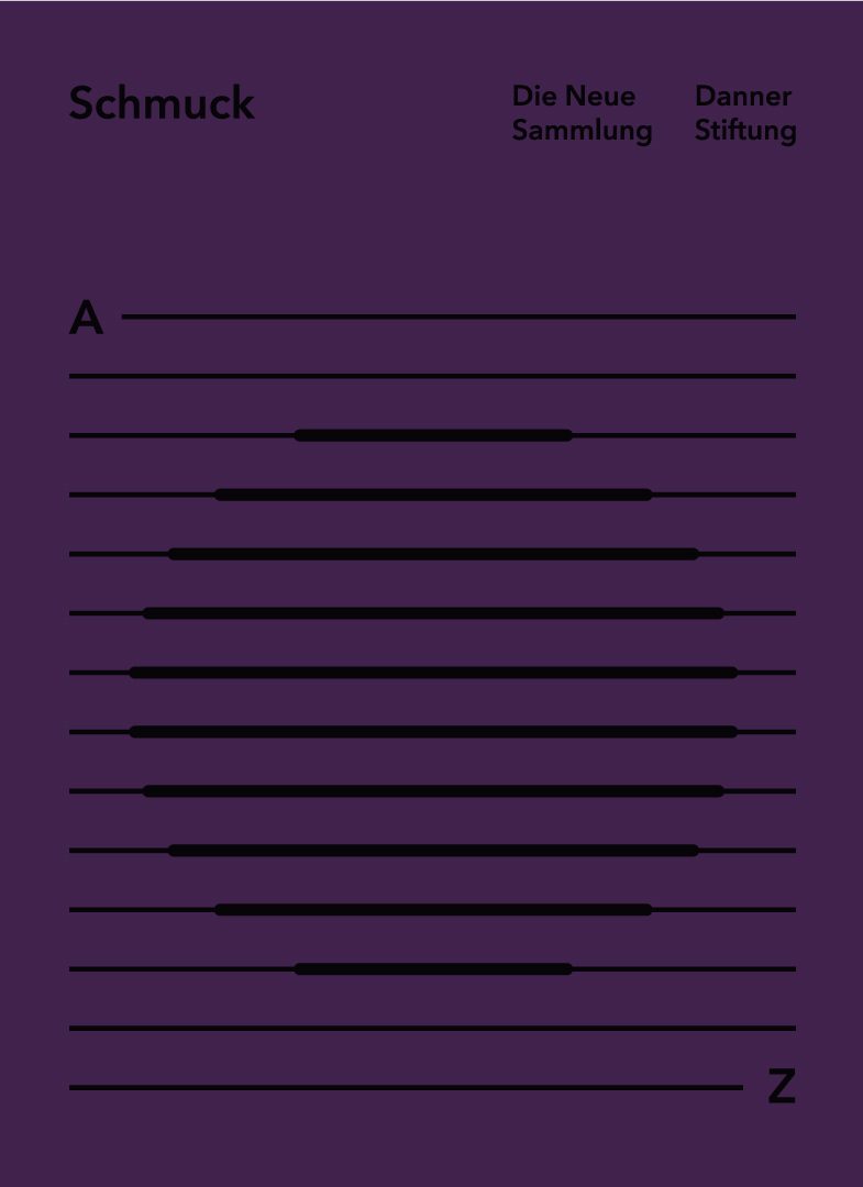 Black inscription on purple-coloured linen cover: Schmuck. Die Neue Sammlung Danner-Stiftung. Horizontal lines across the entire page, thickened to form a dot from top to bottom. Before the first stroke an A after the last a Z.