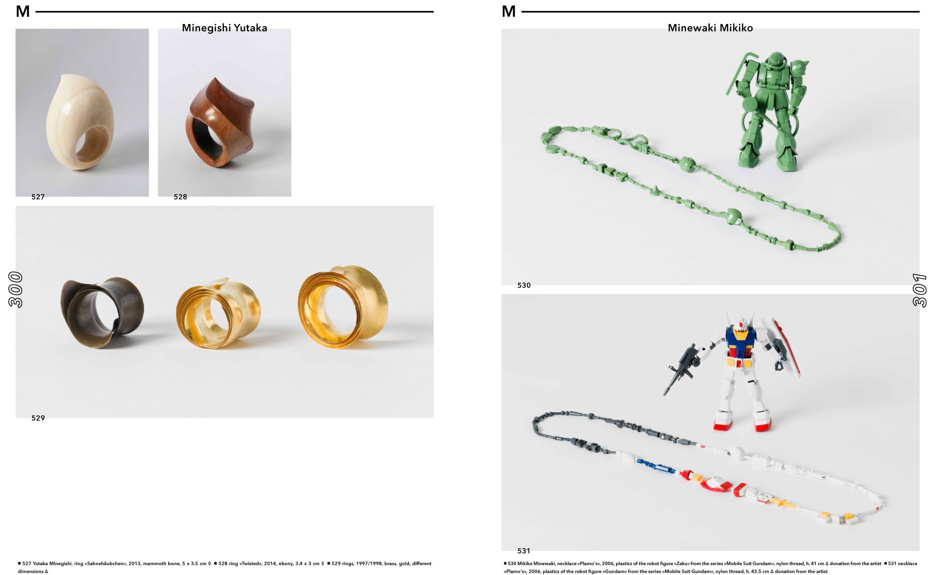 Links 3 Abbildungen mit Ringen von Yutaka Minegishi. Rechts 2 Abb. mit Schmuckobjekten von Mikiko Minewaki.