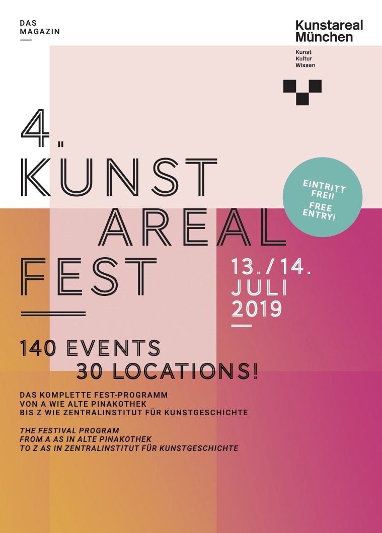 Das Magazin mit komplettem Festprogramm zum 4. Kunstareal Fest, 13.-14. Juli 2019, Kunstareal München. "Von A wie Alte Pinakothek bis Z wie Zentralinstitut für Kunstgeschichte". Bunte Kacheln in weiß, rosa, pink und orange bilden den Hintergrund.