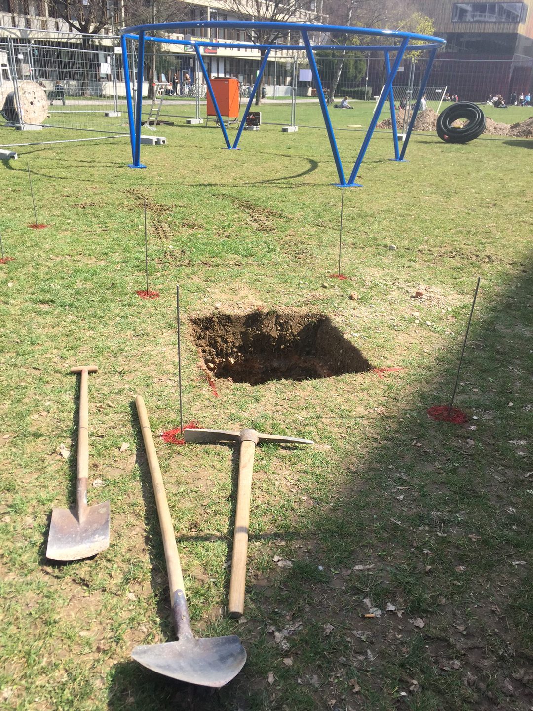 Digging holes for concrete foundations.