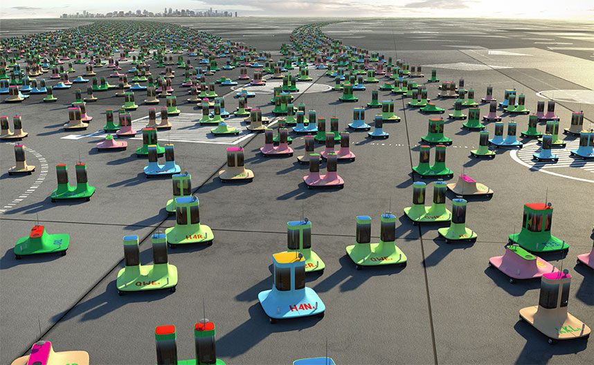 Colourful "digicars" with 1 or 2 "towers" each in the colours light blue, green, pink and yellow on an endless field. They are labelled with numbers and letters, e.g. H4N.