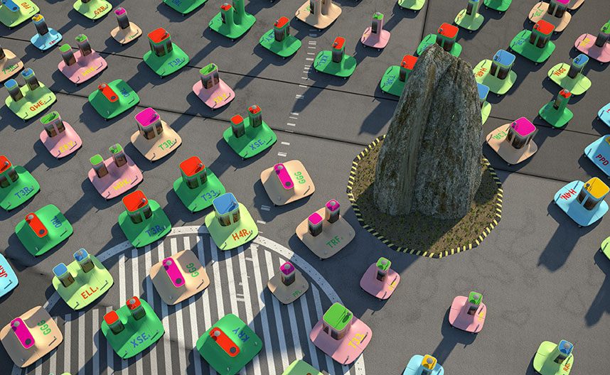 Colourful "digicars", each with 1 or 2 "towers" in the colours light blue, green, pink and yellow, surround a large stone on a kind of tarmac. They are labelled with numbers and letters, e.g. H4N.