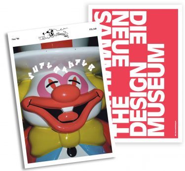 Print advert for Super Paper with clown and logo of the Neue Sammlung on another card.