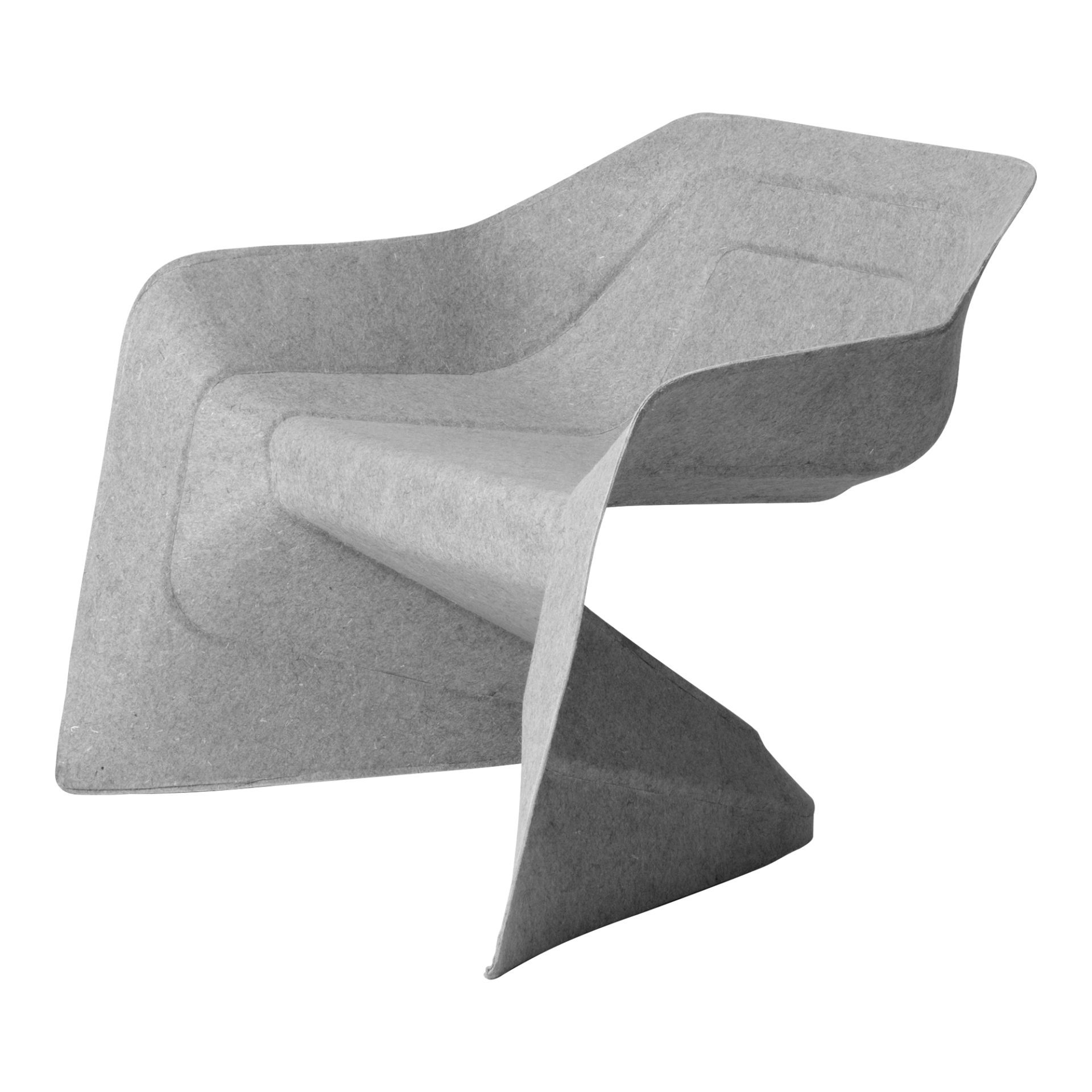 Gray picture of the Hemp Chair. The chair is wave-shaped and made of one piece. The chair has grooves that move from the inside to the outside like a pattern. The walls of the chair are very thin.