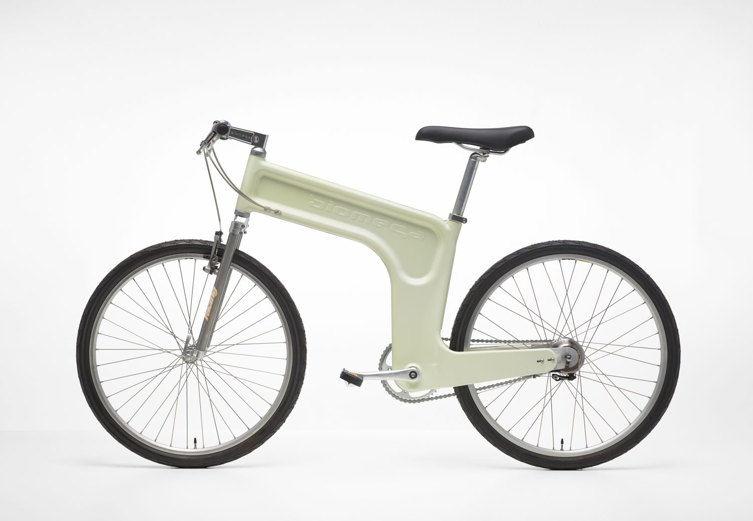 Fahrrad mit unkonventionellem, gebogenem Rahmen und minimalistischem Design.