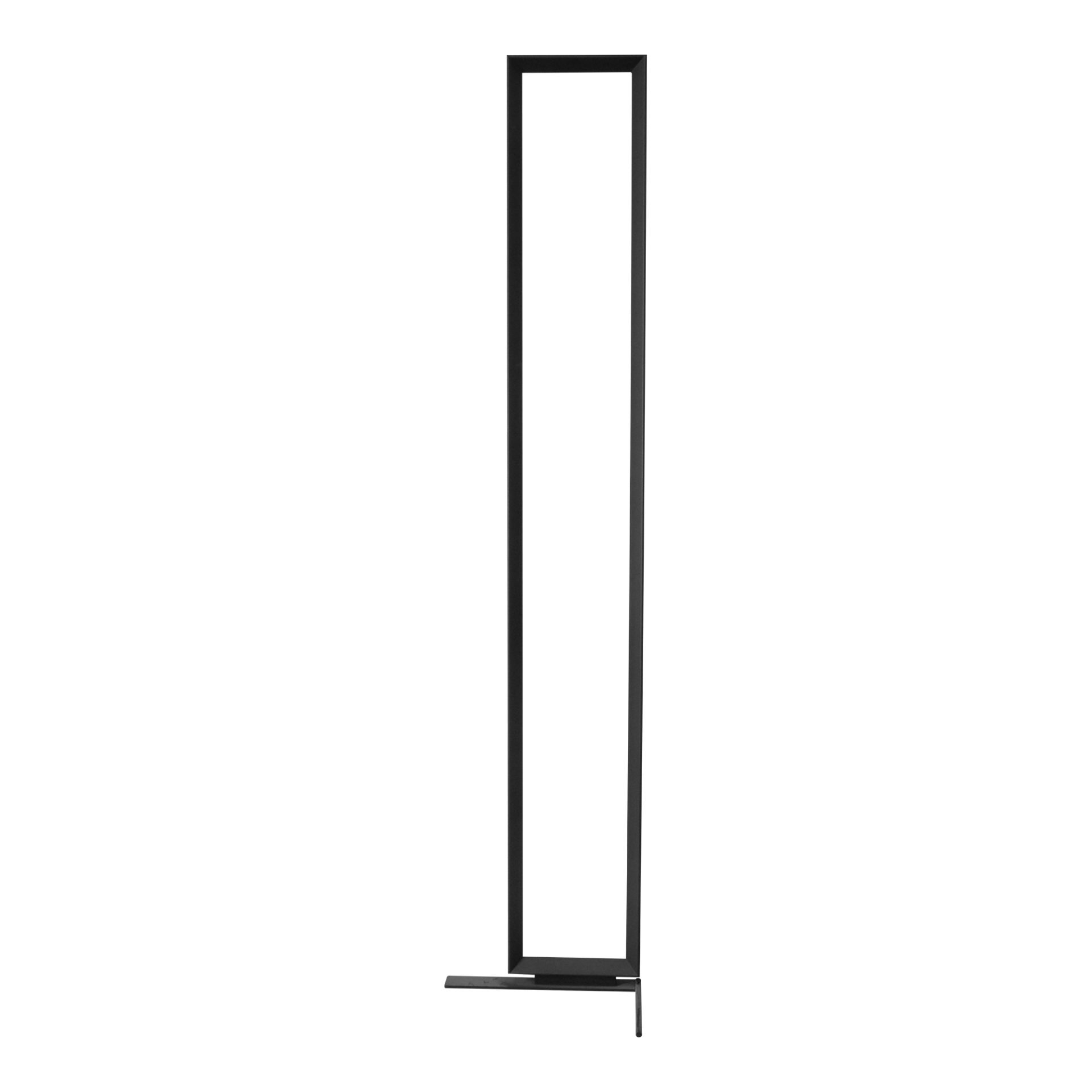 Black and white photograph of the minimalist rectangular floor lamp with black metal frame and T-shaped base.