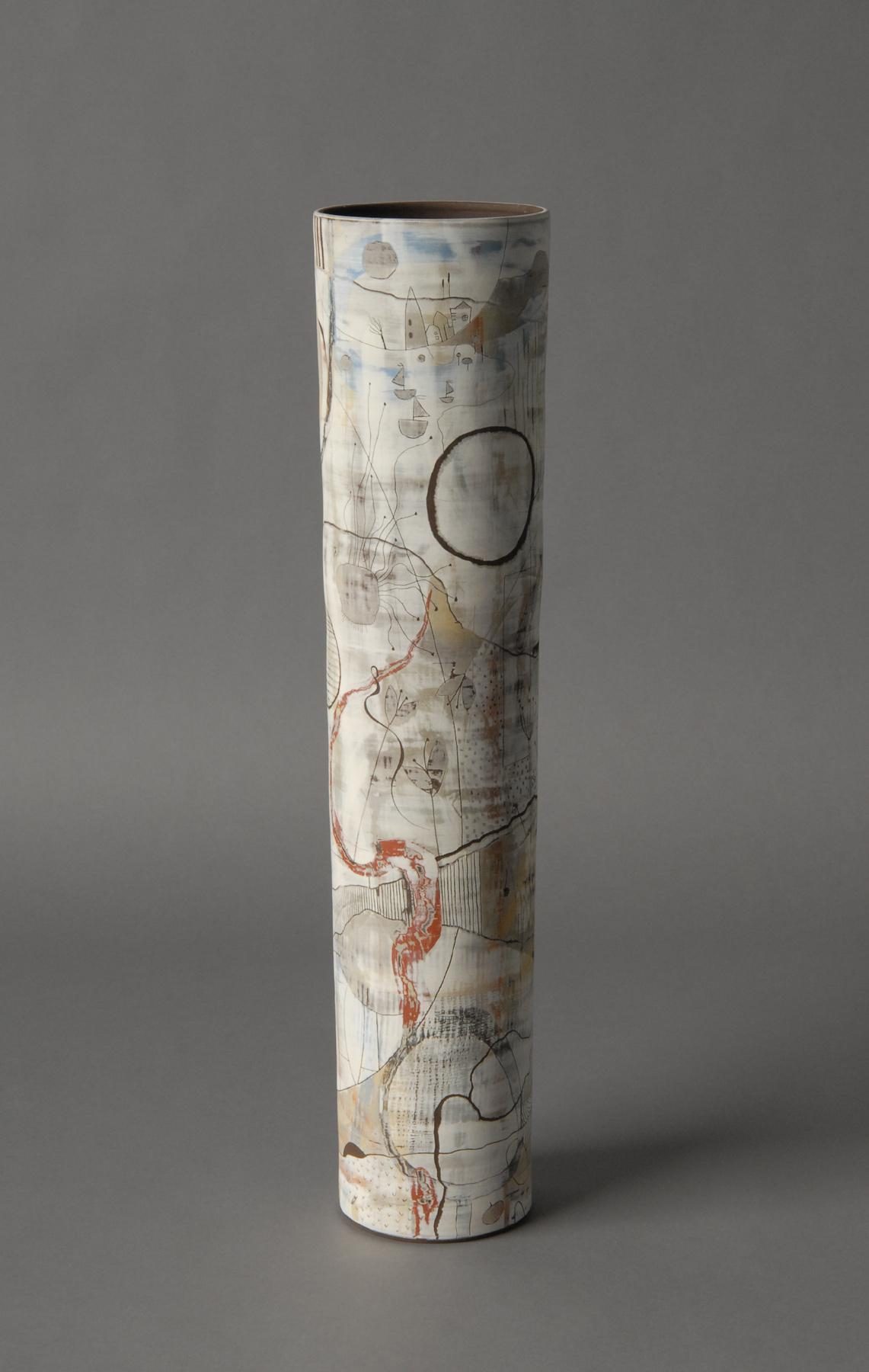 Cylindrical vase with an artistically designed surface in earthy tones. The vase is decorated with abstract drawings, lines and structures, including floral motifs and geometric elements.